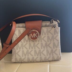 Michael Kors Fulton Signature Tan and Beige Signature MK Crossbody Bag